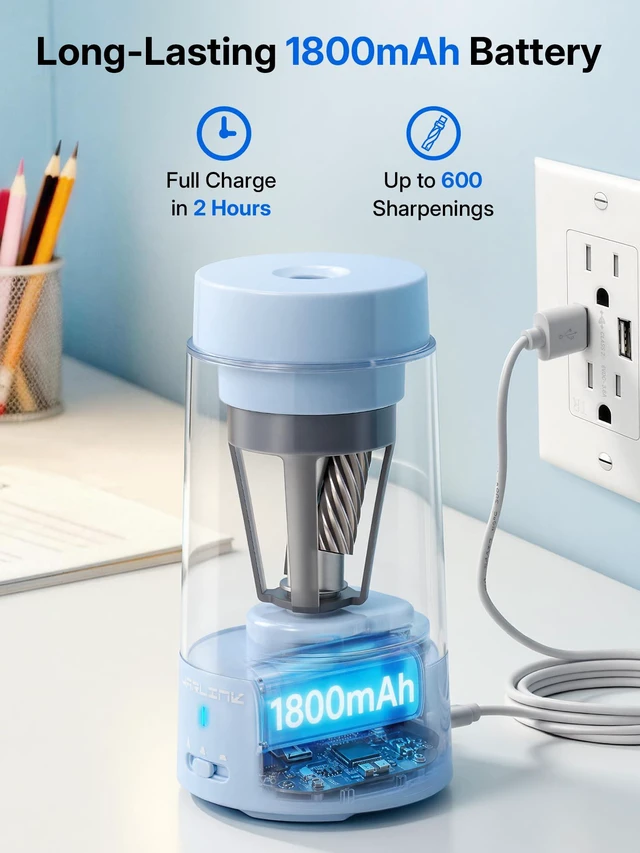 Alt view image 5 of 7 - Fully Automatic Rechargeable Electric Pencil Sharpener 3 Adjustable Sharpness Modes, Compatible with 6-12mm Pencils, Hands-Free Operation for Home, Office and Classroom, Blue