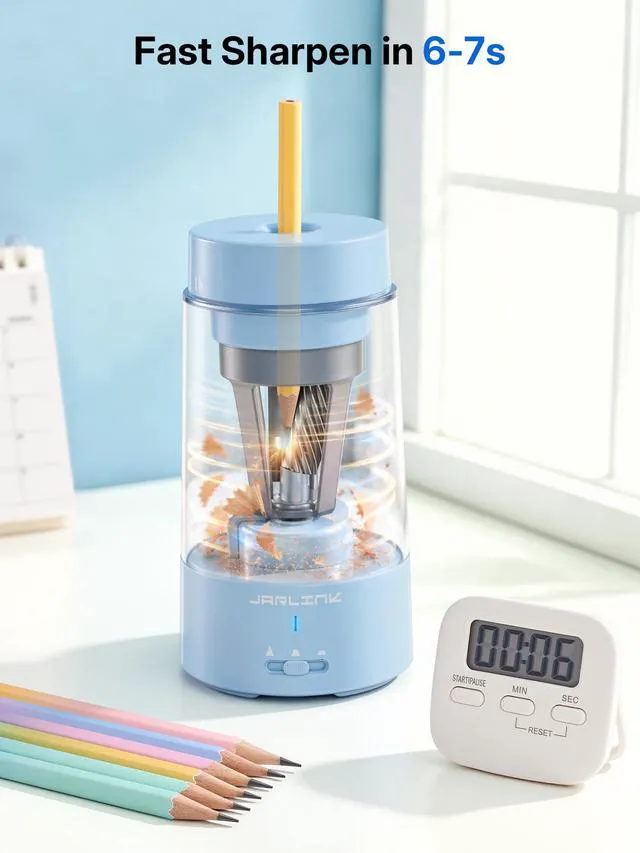 Alt view image 6 of 7 - Fully Automatic Rechargeable Electric Pencil Sharpener 3 Adjustable Sharpness Modes, Compatible with 6-12mm Pencils, Hands-Free Operation for Home, Office and Classroom, Blue