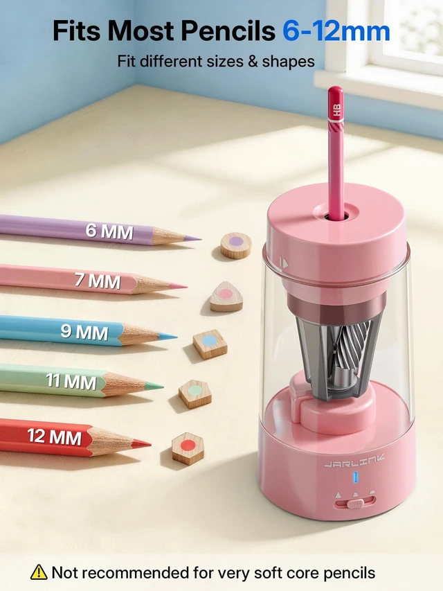 Alt view image 3 of 7 - Fully Automatic Rechargeable Electric Pencil Sharpener 3 Adjustable Sharpness Modes, Compatible with 6-12mm Pencils, Hands-Free Operation for Home, Office and Classroom, Pink