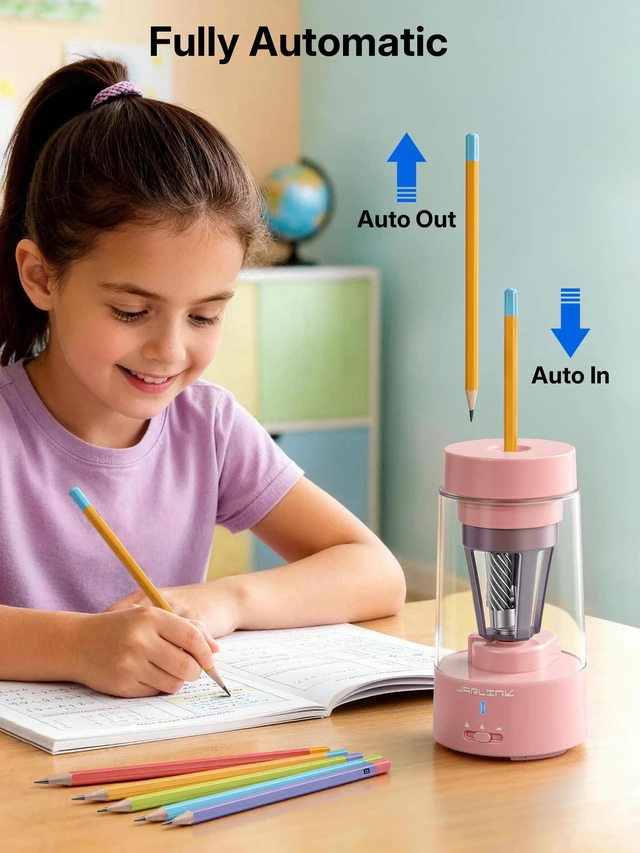 Alt view image 2 of 7 - Fully Automatic Rechargeable Electric Pencil Sharpener 3 Adjustable Sharpness Modes, Compatible with 6-12mm Pencils, Hands-Free Operation for Home, Office and Classroom, Pink