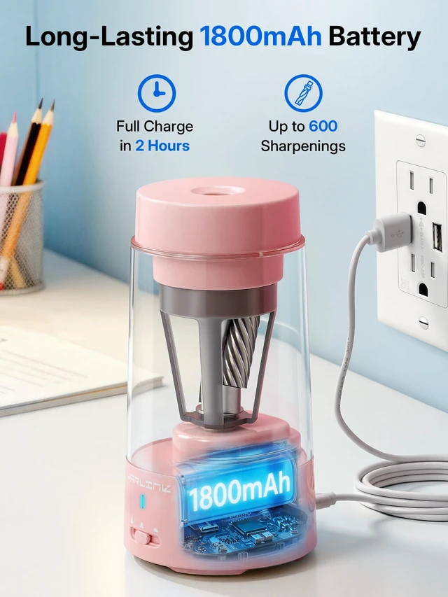 Alt view image 5 of 7 - Fully Automatic Rechargeable Electric Pencil Sharpener 3 Adjustable Sharpness Modes, Compatible with 6-12mm Pencils, Hands-Free Operation for Home, Office and Classroom, Pink