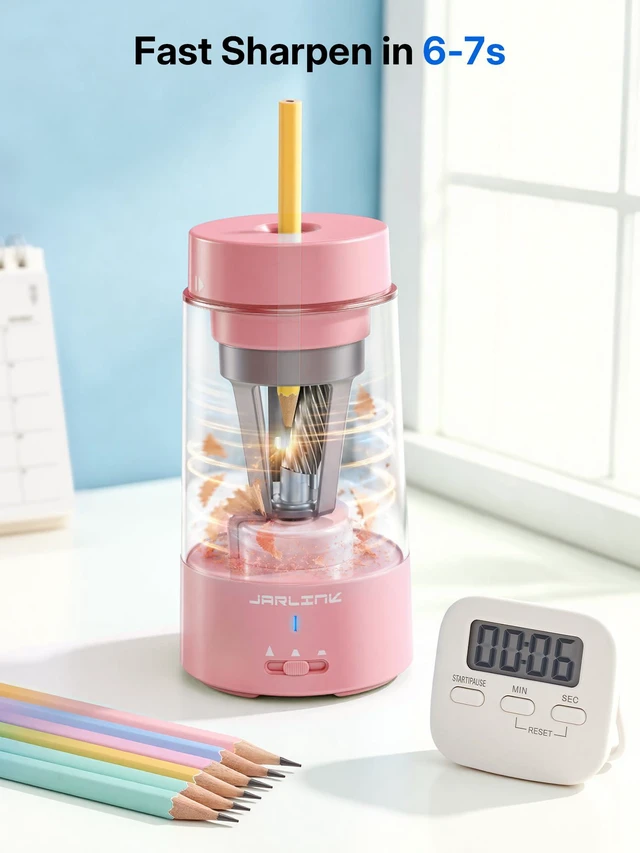 Alt view image 6 of 7 - Fully Automatic Rechargeable Electric Pencil Sharpener 3 Adjustable Sharpness Modes, Compatible with 6-12mm Pencils, Hands-Free Operation for Home, Office and Classroom, Pink