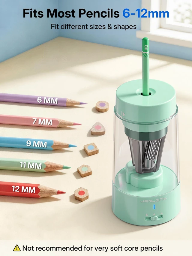 Alt view image 3 of 7 - Fully Automatic Rechargeable Electric Pencil Sharpener 3 Adjustable Sharpness Modes, Compatible with 6-12mm Pencils, Hands-Free Operation for Home, Office and Classroom, Green
