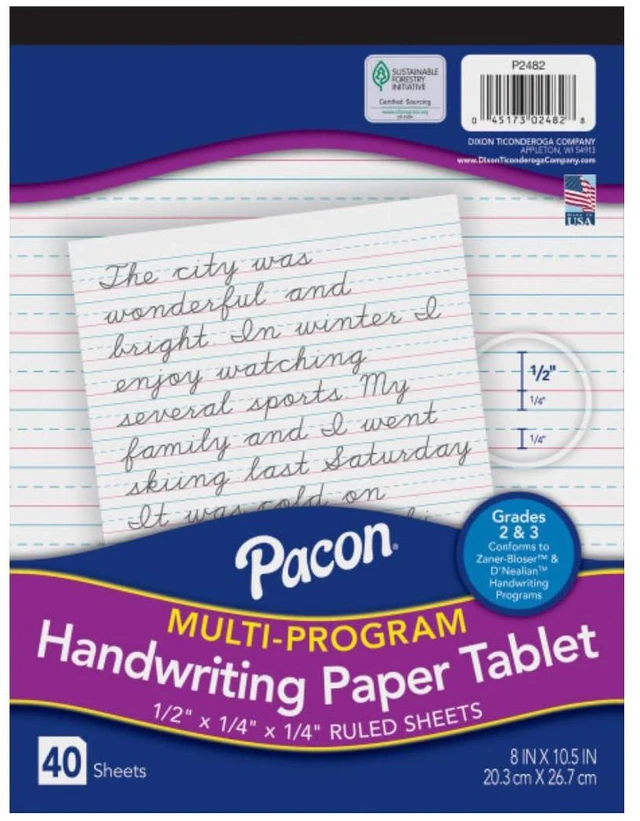 Main image of PAC2482 Multi-Program Ruled Handwriting Paper, 8" x 10.5", 40 Sheets, D'Nealian Grades 2-3 and Zaner-Bloser Grade 2, 0.5" Ruling, 0.25" Dotted Midline, 0.25" Descender Space, Class Pack of 24