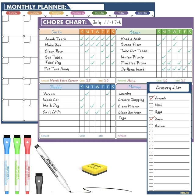 Main image of Magnetic Fridge Calendar Magnet, Dry Erase Whiteboard Calendar and Family Chore Chart for Adults with Magnetic List, Dry Erase Markers and Eraser - 14 x 11 Inches