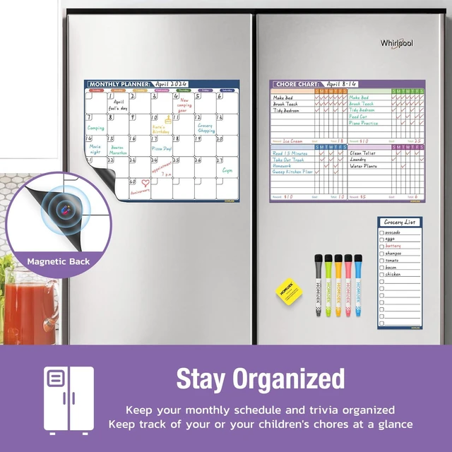 Alt view image 2 of 6 - Magnetic Fridge Calendar Magnet, Dry Erase Whiteboard Calendar and Family Chore Chart for Adults with Magnetic List, Dry Erase Markers and Eraser - 14 x 11 Inches