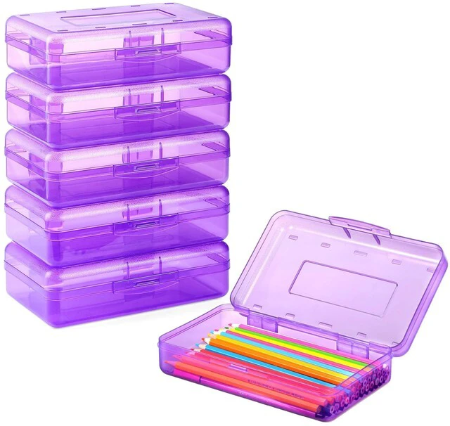 Main image of Plastic Pencil Case Box 6 Pack, Colored Large Craft Storage Bulk Plastic Containers with Snap-tight Lids, Hobby Art School Supply 0rganizer, Marker Bead Pen Bins Organizer,Stackable