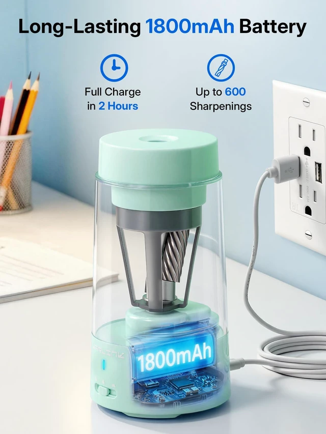 Alt view image 5 of 7 - Fully Automatic Rechargeable Electric Pencil Sharpener 3 Adjustable Sharpness Modes, Compatible with 6-12mm Pencils, Hands-Free Operation for Home, Office and Classroom, Green