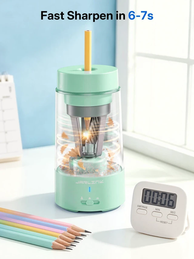 Alt view image 6 of 7 - Fully Automatic Rechargeable Electric Pencil Sharpener 3 Adjustable Sharpness Modes, Compatible with 6-12mm Pencils, Hands-Free Operation for Home, Office and Classroom, Green