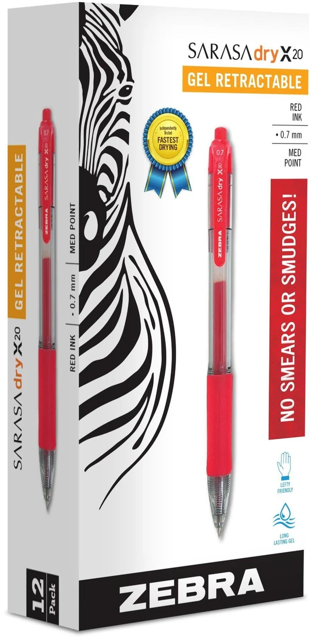 Main image of SARASA X20 Retractable Gel Pen, Red Ink, 0.7mm, 12-Pack Rapid-Dry Ink, Smear-Resistant, Ideal for Left-Handed Writers, Note-Taking, Office, School Supplies, Medium Point Tip (46830)