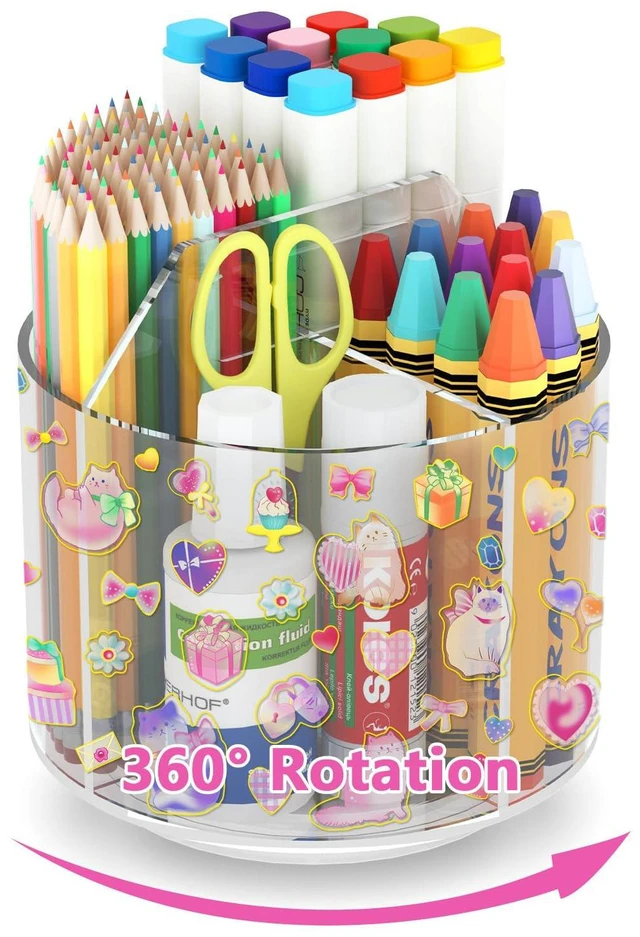 Main image of Acrylic Pencil Organizer for Desk Crayon Organizer with Adhesive Sticker Rotating Art Supply Organizer with Kawaii Sticker