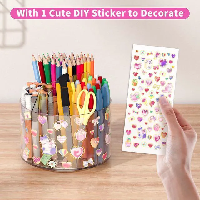 Alt view image 2 of 7 - Acrylic Pencil Organizer for Desk Crayon Organizer with Adhesive Sticker Rotating Art Supply Organizer with Kawaii Sticker