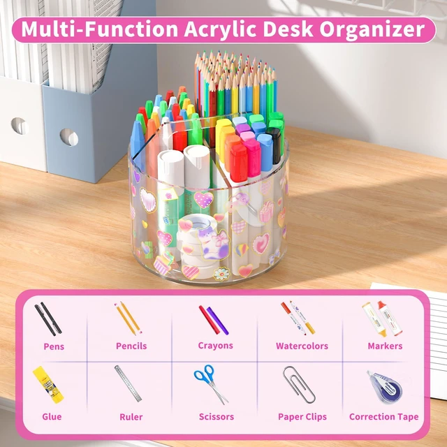 Alt view image 5 of 7 - Acrylic Pencil Organizer for Desk Crayon Organizer with Adhesive Sticker Rotating Art Supply Organizer with Kawaii Sticker