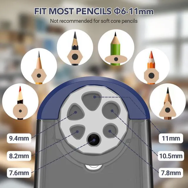Alt view image 2 of 7 - Electric Pencil Sharpener for Classroom, 6 Holes, Cordless & Rechargeable, Fast Sharpen, Auto Stop, 10K+ Uses, Heavy Duty Pencil Sharpener for 6-11mm No.2/Large/Colored Pencils PSD2(Blue)