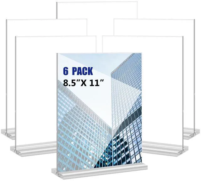 Main image of Acrylic Sign Holder 8.5x11 Inches 6 Pack T Shape Desktop Display Stand Vertical Double Sided Clear Table Menu Flyer Holder for Restaurants, Office, Shop, Wedding