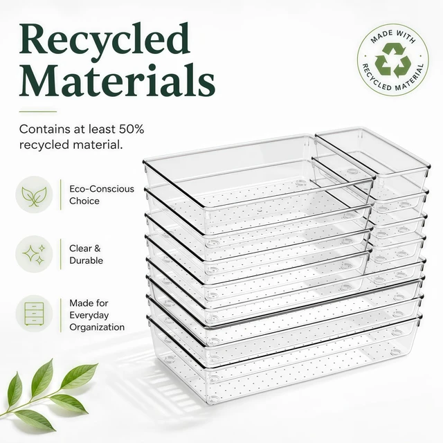 Alt view image 3 of 7 - 12 Pack Large Drawer Organizer Bins - Clear Plastic Bathroom Drawer Organizer Trays - Heavy Duty Kitchen Drawer Dividers for Utensils - Non-Slip Storage Bins for Makeup, Bedroom, Office Desk