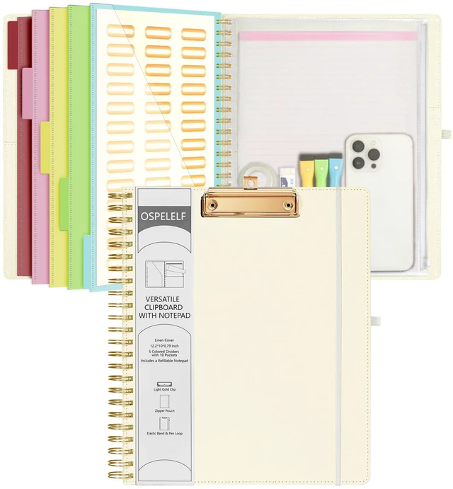 Main image of Foldable Spiral Clipboard Folio with Storage Zipper Pouch, 5 Plastic Folders with 10 Pockets, Refillable Lined Notepad (11" x 8.5"), Linen Hardcover Project Organizer (Beige)