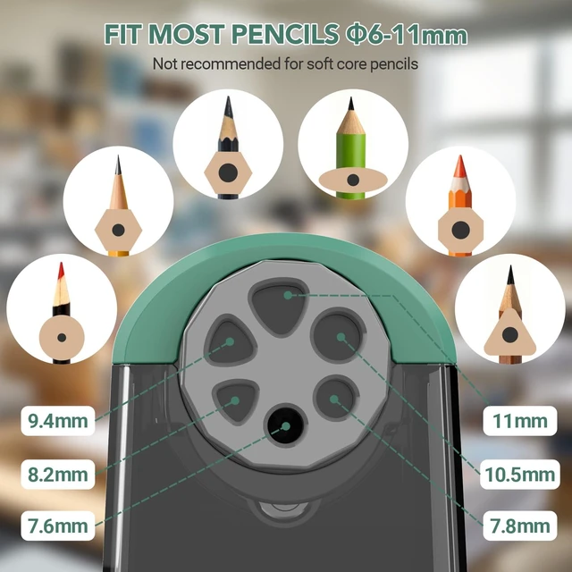 Alt view image 2 of 7 - Electric Pencil Sharpener for Classroom, 6 Holes, Cordless & Rechargeable, Fast Sharpen, Auto Stop, 10K+ Uses, Heavy Duty Pencil Sharpener for 6-11mm No.2/Large/Colored Pencils PSD2(Green)