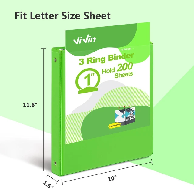 Alt view image 2 of 7 - 1 Inch Round Ring View Binder for Durability, 6-Pack (Ivy Green) Standard 3 Ring Binder for 200 Sheets of US Letter Size Paper, PVC-Free, Clear View Cover, Office Home School Use