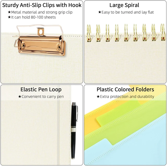 Alt view image 4 of 7 - Foldable Spiral Clipboard Folio with Storage Zipper Pouch, 5 Plastic Folders with 10 Pockets, Refillable Lined Notepad (11" x 8.5"), Linen Hardcover Project Organizer (Beige)