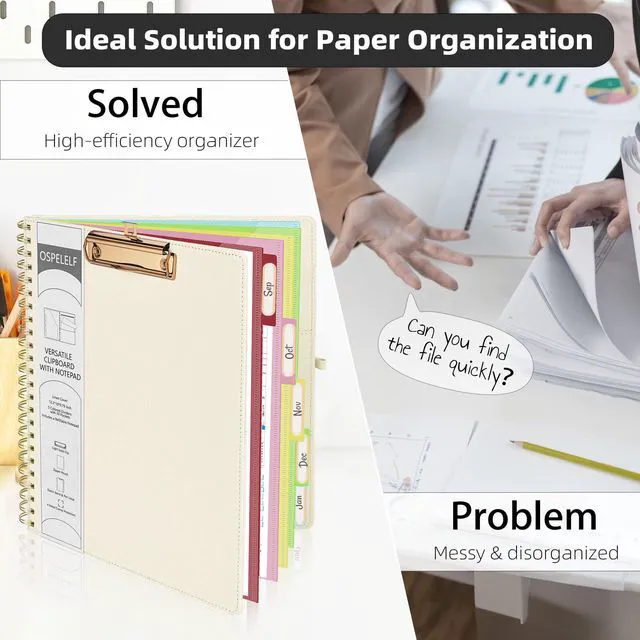 Alt view image 5 of 7 - Foldable Spiral Clipboard Folio with Storage Zipper Pouch, 5 Plastic Folders with 10 Pockets, Refillable Lined Notepad (11" x 8.5"), Linen Hardcover Project Organizer (Beige)