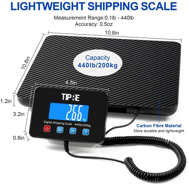 Alt view image 2 of 7 - Shipping Scale 440lbs for Packages,Lightweight Carbon Fibre Heavy Duty Digital Postal Scale,0.5 oz High Accuracy Commercial Scale with Charging Cable & Batteries for Small Business,Warehouse