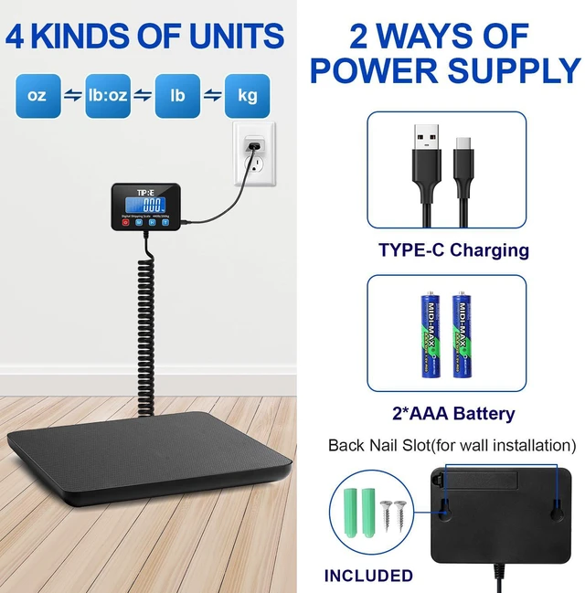 Alt view image 4 of 7 - Shipping Scale 440lbs for Packages,Lightweight Carbon Fibre Heavy Duty Digital Postal Scale,0.5 oz High Accuracy Commercial Scale with Charging Cable & Batteries for Small Business,Warehouse