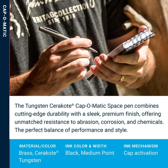 Alt view image 3 of 7 - Space Pen Tungsten Cerakote Finish Cap-O-Matic Pen, Black Ink Pressurized Ballpoint Pen, Writes Upside Down and in Extreme Temperatures, Medium Point, Pocket Clip, Made in the USA