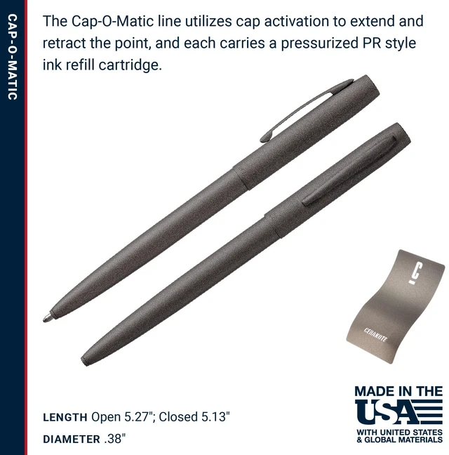 Alt view image 6 of 7 - Space Pen Tungsten Cerakote Finish Cap-O-Matic Pen, Black Ink Pressurized Ballpoint Pen, Writes Upside Down and in Extreme Temperatures, Medium Point, Pocket Clip, Made in the USA