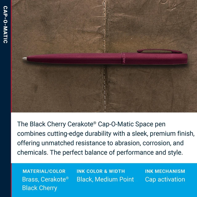 Alt view image 3 of 7 - Space Pen Black Cherry Cerakote Finish Cap-O-Matic Pen, Black Ink Pressurized Ballpoint Pen, Writes Upside Down and in Extreme Temperatures, Medium Point, Pocket Clip, Made in the USA