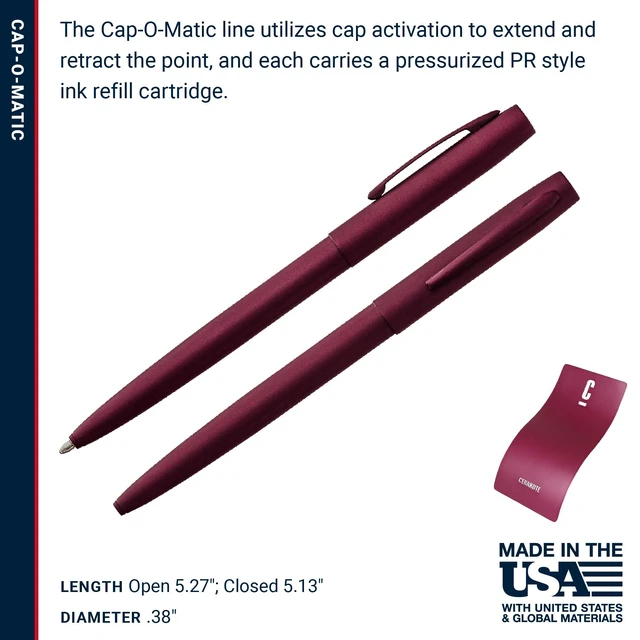 Alt view image 6 of 7 - Space Pen Black Cherry Cerakote Finish Cap-O-Matic Pen, Black Ink Pressurized Ballpoint Pen, Writes Upside Down and in Extreme Temperatures, Medium Point, Pocket Clip, Made in the USA