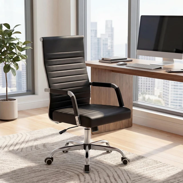 Alt view image 4 of 7 - Ergonomic Office Desk Chair, Executive Ribbed Mid-Back PU Leather Conference Room Chair Adjustable Swivel Chair with Arms (1, Black)