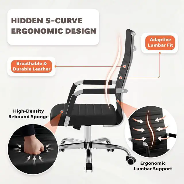 Alt view image 5 of 7 - Ergonomic Office Desk Chair, Executive Ribbed Mid-Back PU Leather Conference Room Chair Adjustable Swivel Chair with Arms (1, Black)