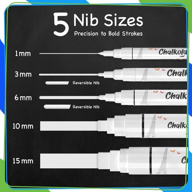 Alt view image 2 of 7 - 5 White Chalk Markers for Glass, Chalkboard, Blackboard, Window 5 Variety Pack - Fine Tip, Bold & Jumbo - Erasable Liquid Chalk Pens (1mm, 3mm, 6mm, 10mm, 15mm) - White Dry erase Markers