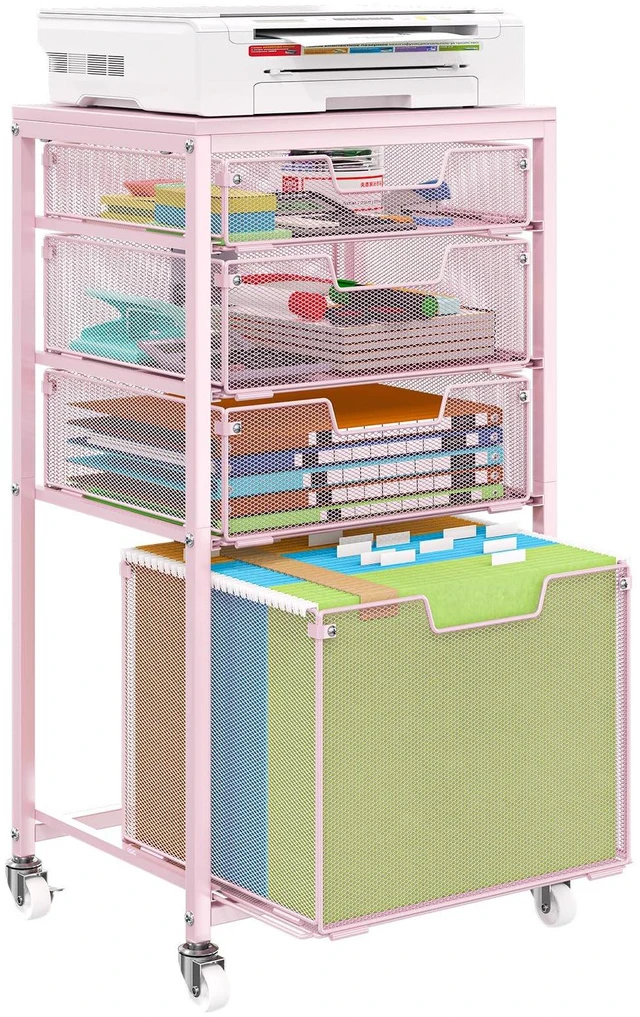 Main image of 4 Drawer Rolling File Cart Under Desk Storage, File Cabinets for Home Office, Mobile Filing Cabinet, Hanging File Organizer with Wheels, Utility Cart Printer Stand, Pink