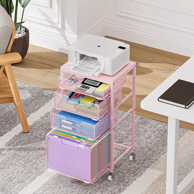 Alt view image 2 of 7 - 4 Drawer Rolling File Cart Under Desk Storage, File Cabinets for Home Office, Mobile Filing Cabinet, Hanging File Organizer with Wheels, Utility Cart Printer Stand, Pink