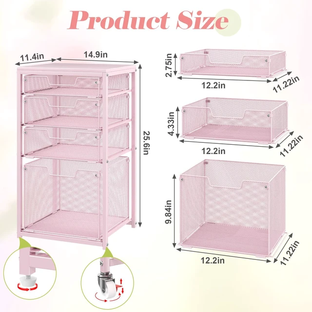 Alt view image 3 of 7 - 4 Drawer Rolling File Cart Under Desk Storage, File Cabinets for Home Office, Mobile Filing Cabinet, Hanging File Organizer with Wheels, Utility Cart Printer Stand, Pink