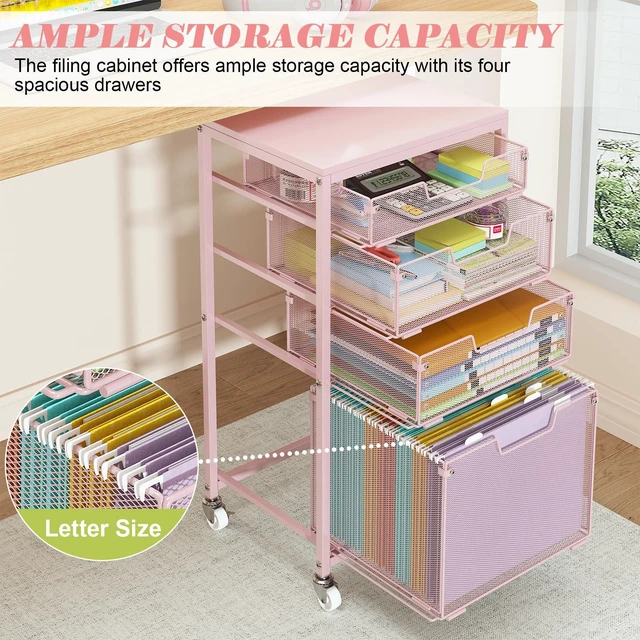 Alt view image 4 of 7 - 4 Drawer Rolling File Cart Under Desk Storage, File Cabinets for Home Office, Mobile Filing Cabinet, Hanging File Organizer with Wheels, Utility Cart Printer Stand, Pink