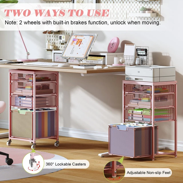 Alt view image 5 of 7 - 4 Drawer Rolling File Cart Under Desk Storage, File Cabinets for Home Office, Mobile Filing Cabinet, Hanging File Organizer with Wheels, Utility Cart Printer Stand, Pink