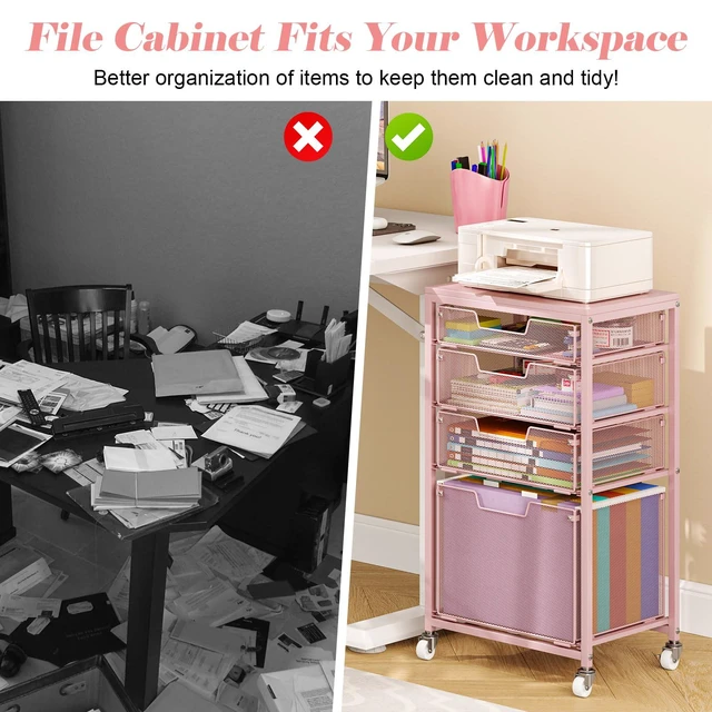 Alt view image 6 of 7 - 4 Drawer Rolling File Cart Under Desk Storage, File Cabinets for Home Office, Mobile Filing Cabinet, Hanging File Organizer with Wheels, Utility Cart Printer Stand, Pink