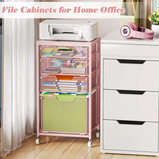 Alt view image 7 of 7 - 4 Drawer Rolling File Cart Under Desk Storage, File Cabinets for Home Office, Mobile Filing Cabinet, Hanging File Organizer with Wheels, Utility Cart Printer Stand, Pink