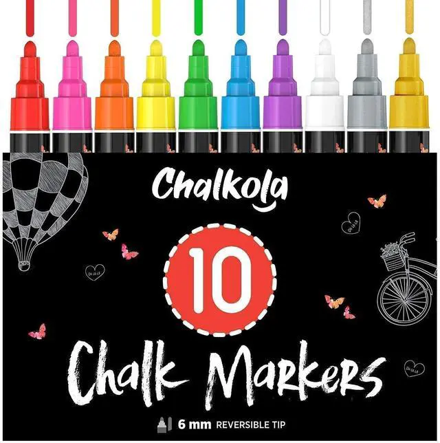 Main image of 10 Liquid Chalk Markers for Blackboard, Chalkboard w/Gold, Silver 10 Erasable, Washable Paint Chalk Pens for Car Windows, Bistro, Glass, Board Signs - Neon Wet Wipe 6mm Reversible Bold Tip