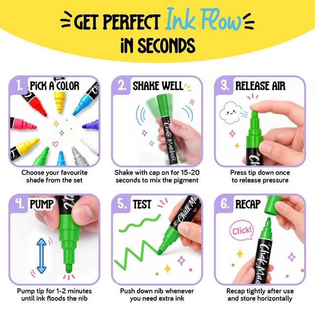 Alt view image 7 of 7 - 10 Liquid Chalk Markers for Blackboard, Chalkboard w/Gold, Silver 10 Erasable, Washable Paint Chalk Pens for Car Windows, Bistro, Glass, Board Signs - Neon Wet Wipe 6mm Reversible Bold Tip