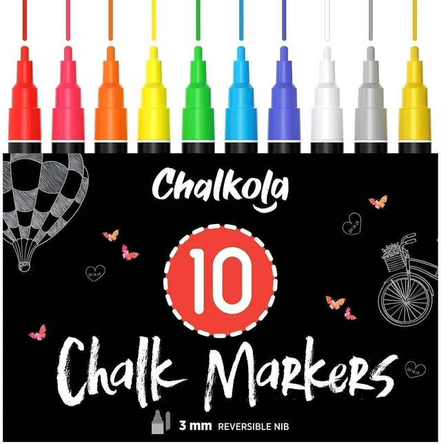 Main image of 10 Liquid Chalk Markers Fine Tip for Blackboard, Windows, Chalkboard (10 Pack) with Gold & Silver - Erasable Dry Erase Marker Pens - 3mm Reversible Tip for Car Glass, Signs, Bistro