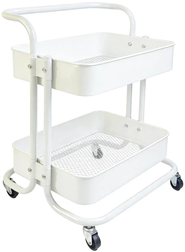 Main image of 2 Tier Cart with Wheels Under Desk Storage with Handle, Metal Rolling Pantry Cart for Kitchen White Small Rolling Basket for Laundry Room Bathroom, Utility Shelf Organizer for Small Space