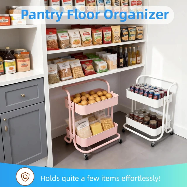 Alt view image 2 of 7 - 2 Tier Cart with Wheels Under Desk Storage with Handle, Metal Rolling Pantry Cart for Kitchen White Small Rolling Basket for Laundry Room Bathroom, Utility Shelf Organizer for Small Space