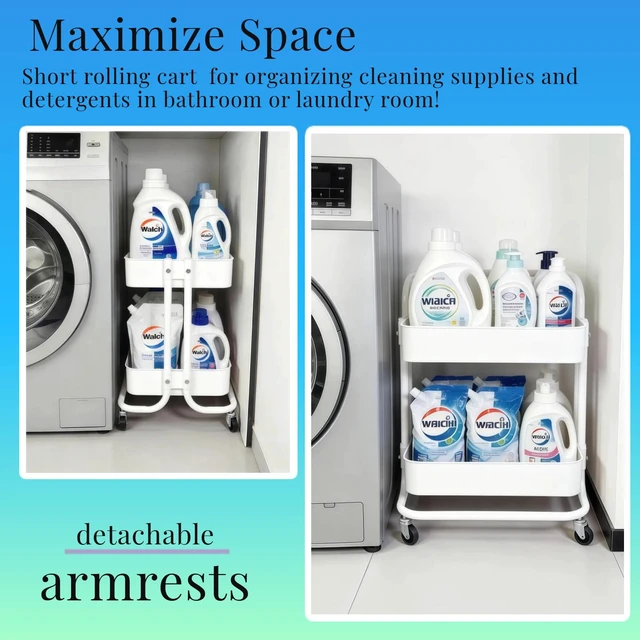 Alt view image 3 of 7 - 2 Tier Cart with Wheels Under Desk Storage with Handle, Metal Rolling Pantry Cart for Kitchen White Small Rolling Basket for Laundry Room Bathroom, Utility Shelf Organizer for Small Space
