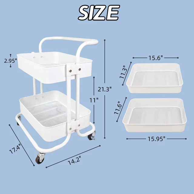 Alt view image 4 of 7 - 2 Tier Cart with Wheels Under Desk Storage with Handle, Metal Rolling Pantry Cart for Kitchen White Small Rolling Basket for Laundry Room Bathroom, Utility Shelf Organizer for Small Space