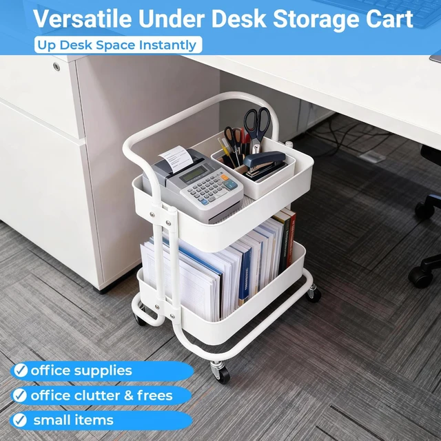 Alt view image 5 of 7 - 2 Tier Cart with Wheels Under Desk Storage with Handle, Metal Rolling Pantry Cart for Kitchen White Small Rolling Basket for Laundry Room Bathroom, Utility Shelf Organizer for Small Space