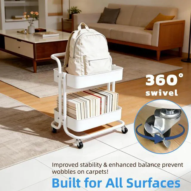 Alt view image 6 of 7 - 2 Tier Cart with Wheels Under Desk Storage with Handle, Metal Rolling Pantry Cart for Kitchen White Small Rolling Basket for Laundry Room Bathroom, Utility Shelf Organizer for Small Space